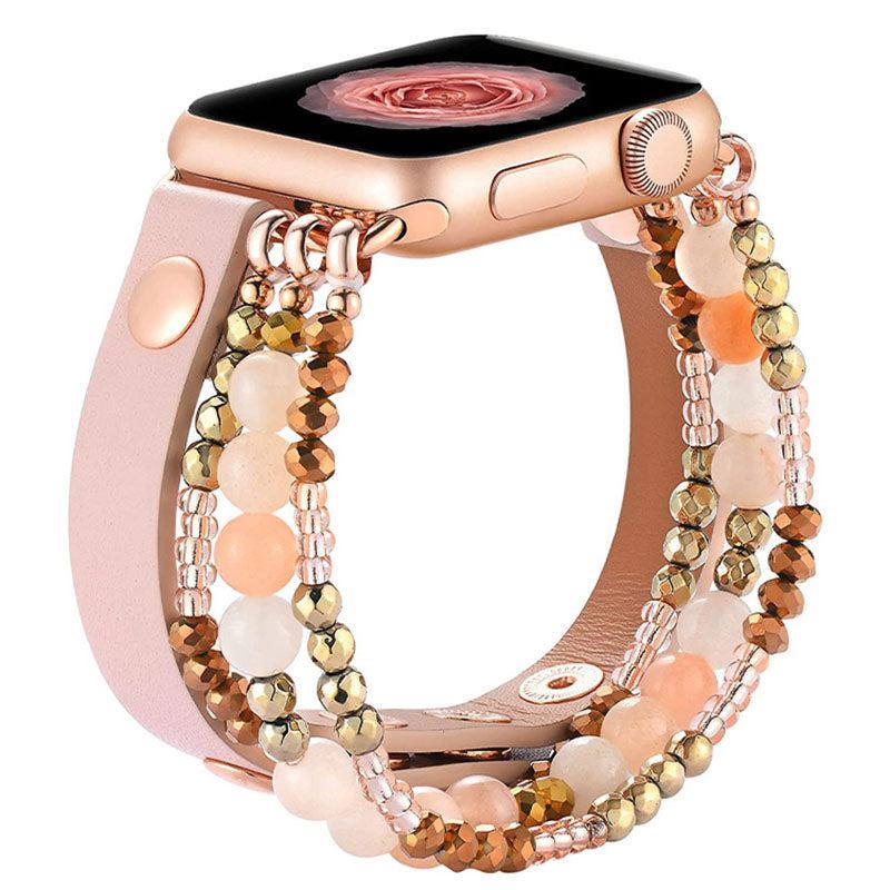 Elastic Leather Metal Beaded Decorative Watch Band for Apple Watch