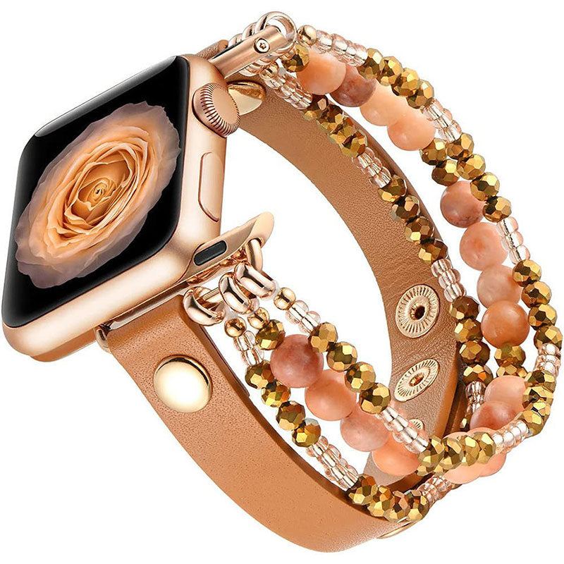 Elastic Leather Metal Beaded Decorative Watch Band for Apple Watch