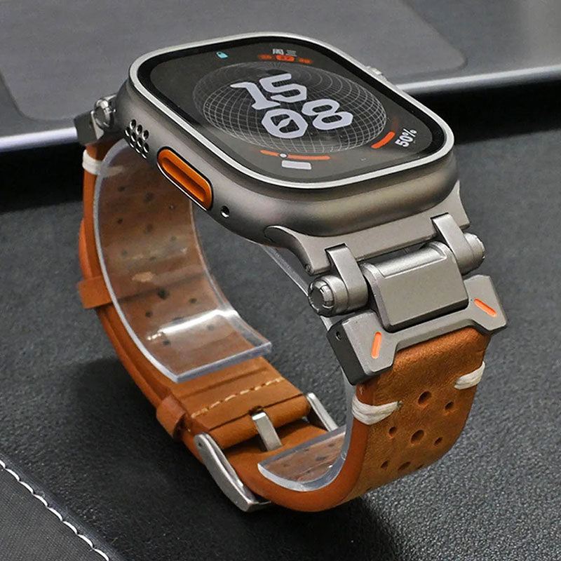 Leather Mechanical Metal Pin Buckle Band For Apple Watch