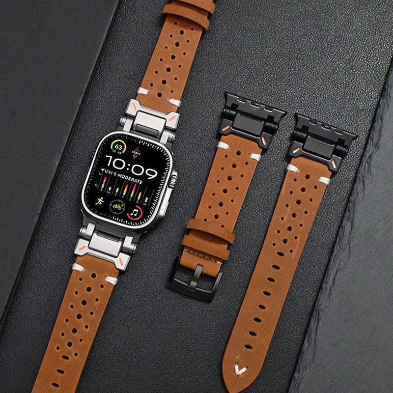 Leather Mechanical Metal Pin Buckle Band For Apple Watch